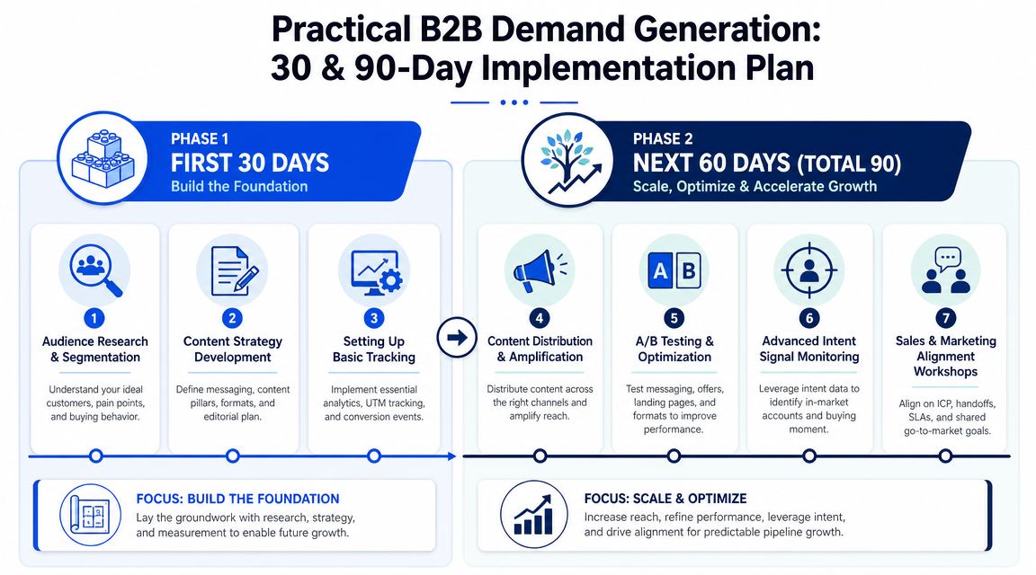 A 90-day B2B demand generation roadmap outlining foundational steps and scaling strategies for business growth.