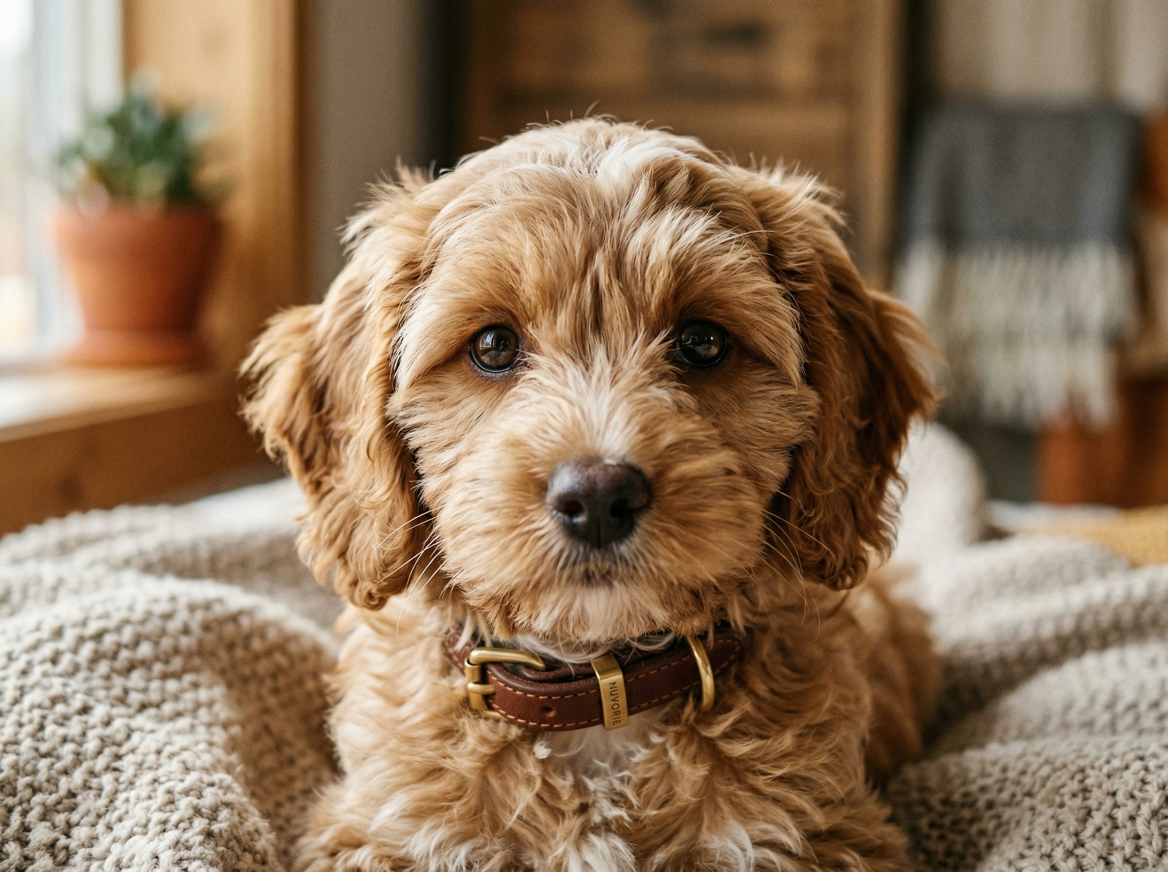 A close-up aesthetic portrait of a cute Cockapoo puppy looking directly at the camera wearing a Nuvorie leather collar