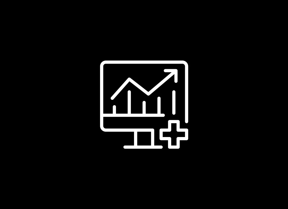 Black icon showing a monitor with a bar and line growth chart and a medical cross symbol, representing VR in healthcare market statistics