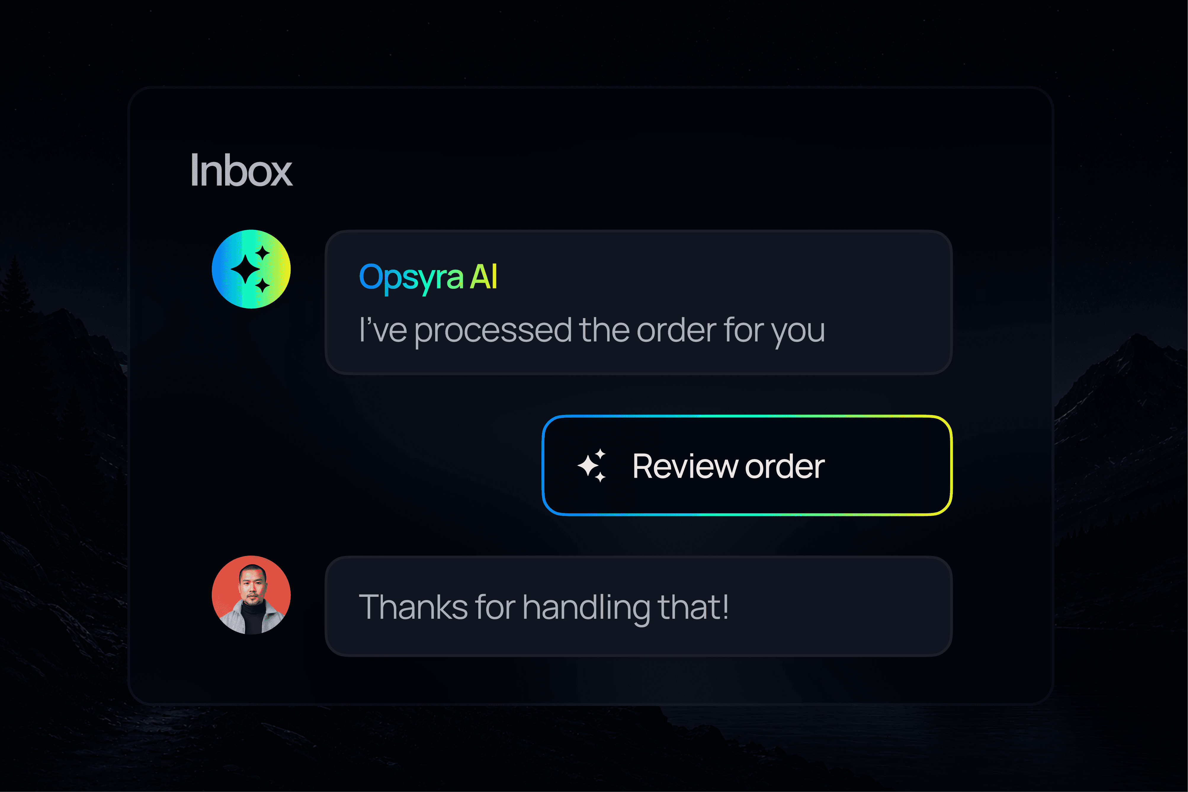Dark inbox interface with AI order message