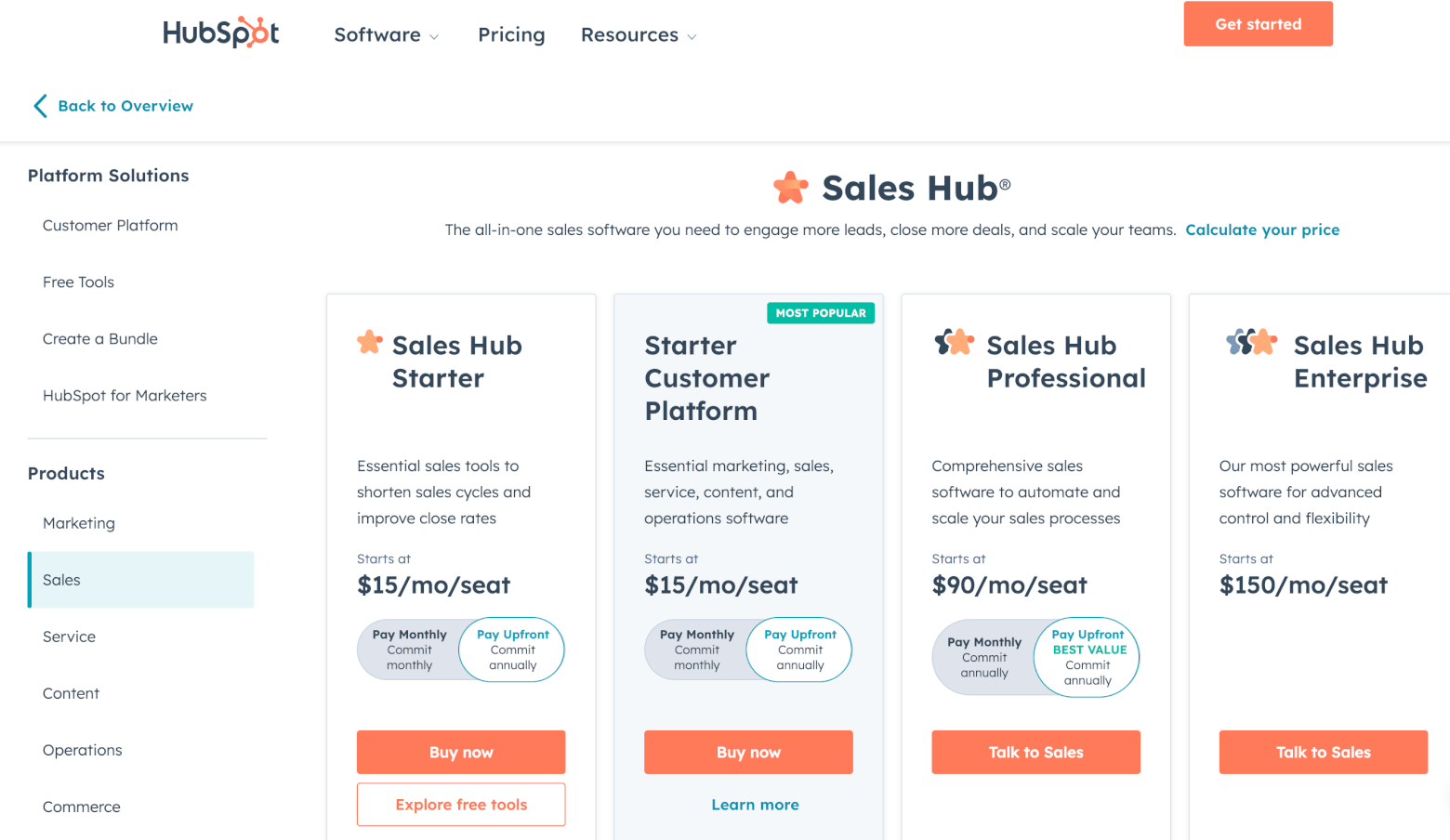 Hubspot pricing page showing subscription plans and feature comparisons