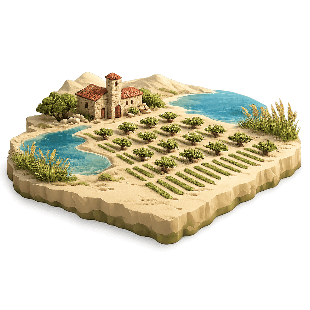 Artistic illustration of the Amyndeon wine region.