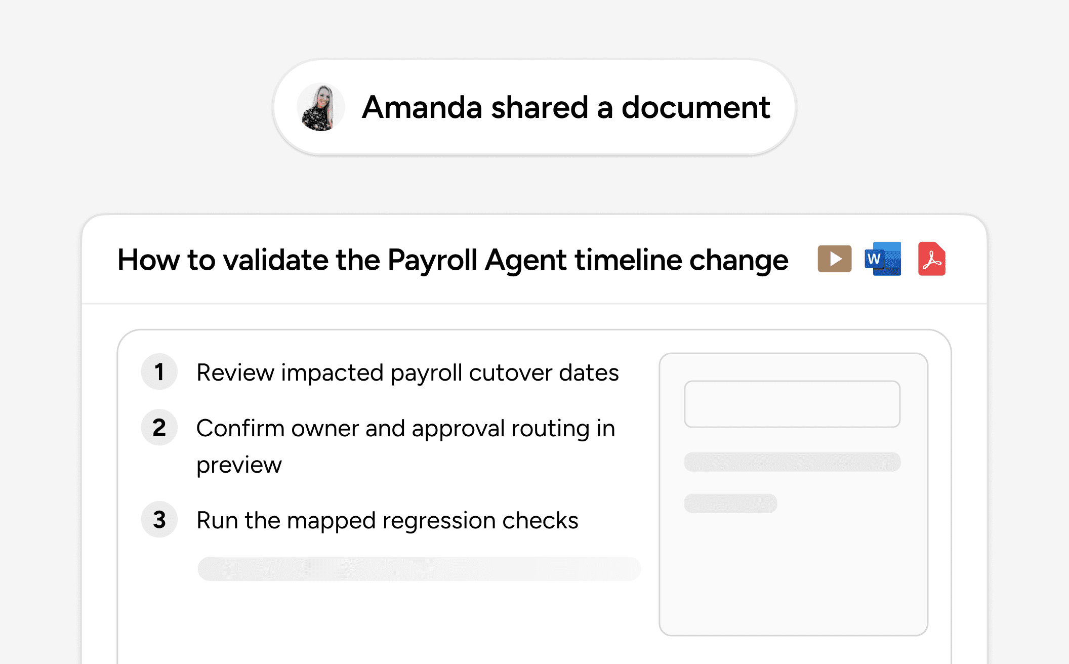 Shared documentation card with validation steps for a Payroll Agent timeline change.