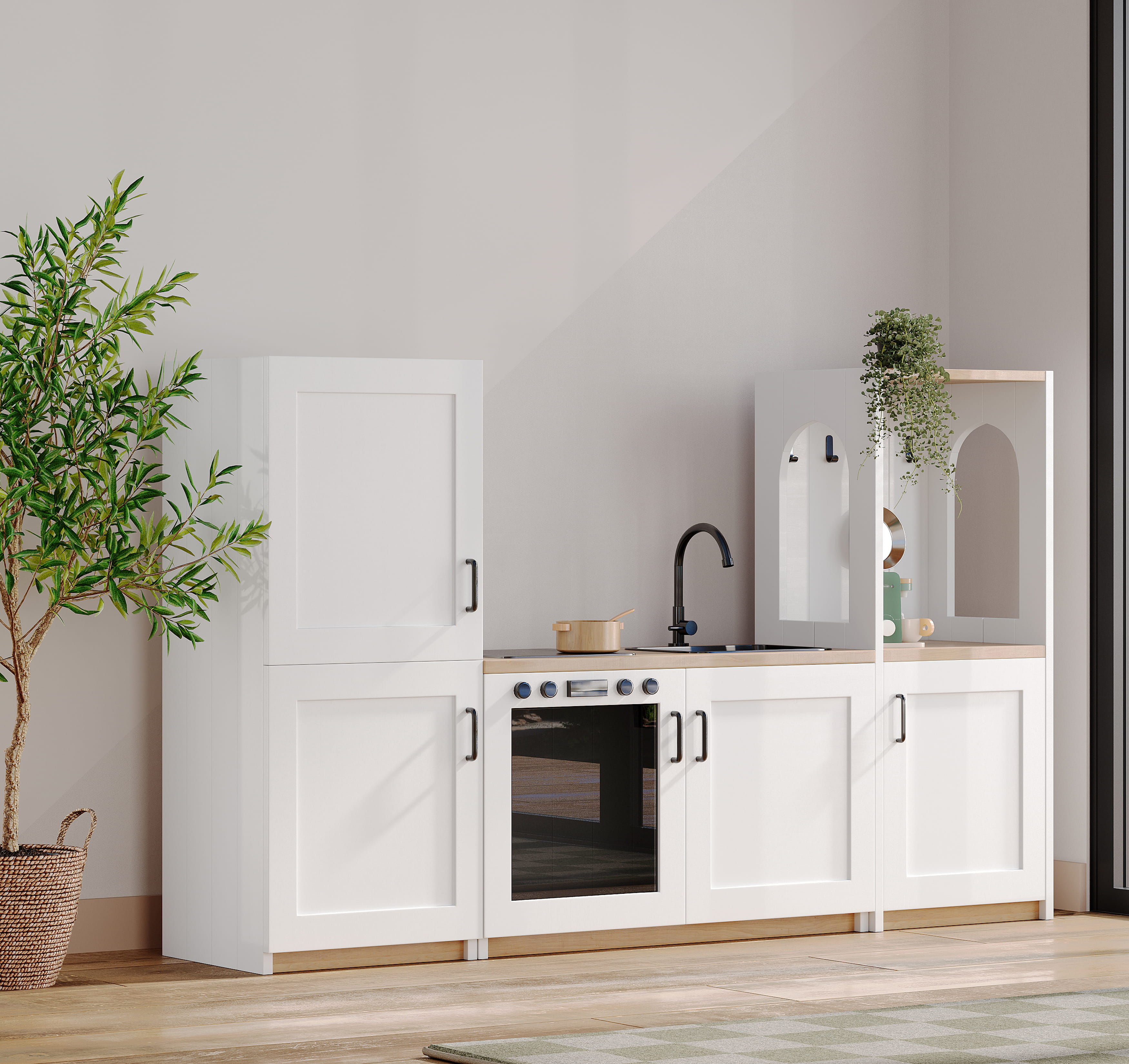 Modern kitchen interior with white cabinets, oven, and indoor plant in natural lighting