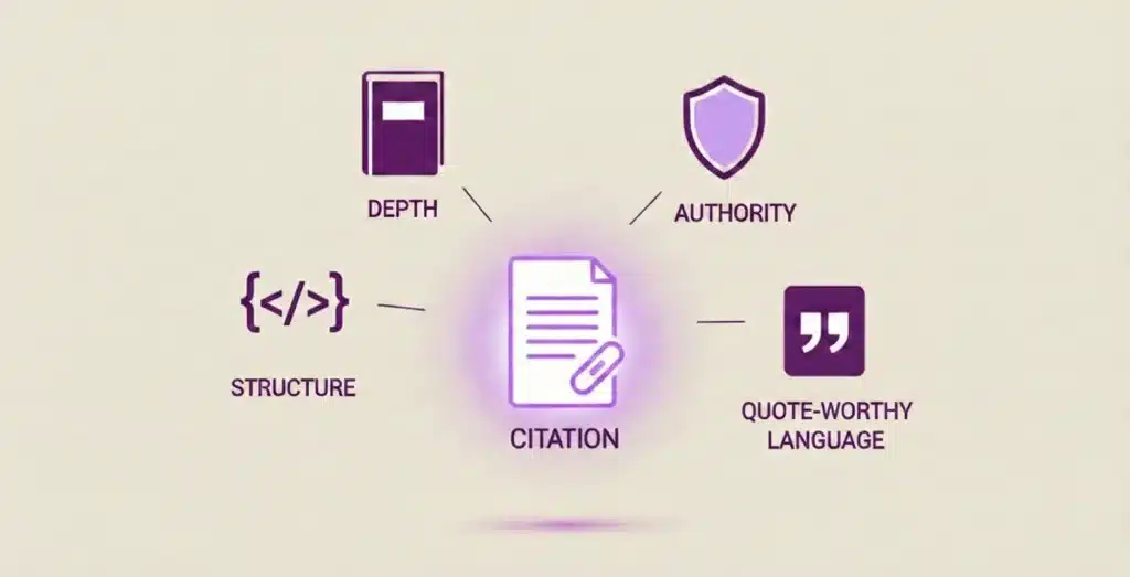 An illustration highlighting the four signals AIs look for before citing content: authority, structure, depth, and quote-worthy language