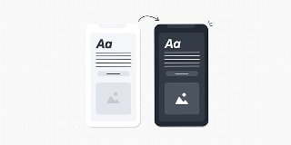 Illustration of two mobile app interfaces, one shown in dark mode.