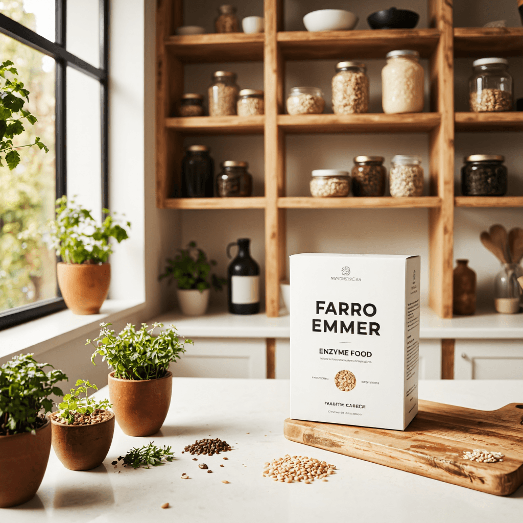 product photography of box of Farro Emmer enzyme food