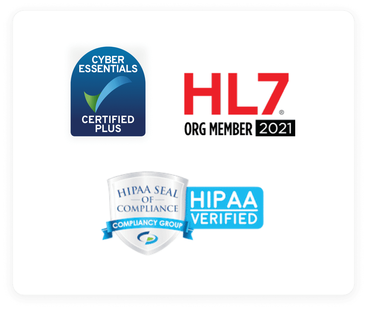 Logos of Cyber Essential Certified Plus, HL7 org membership, and the HIPAA seal of compliance.
