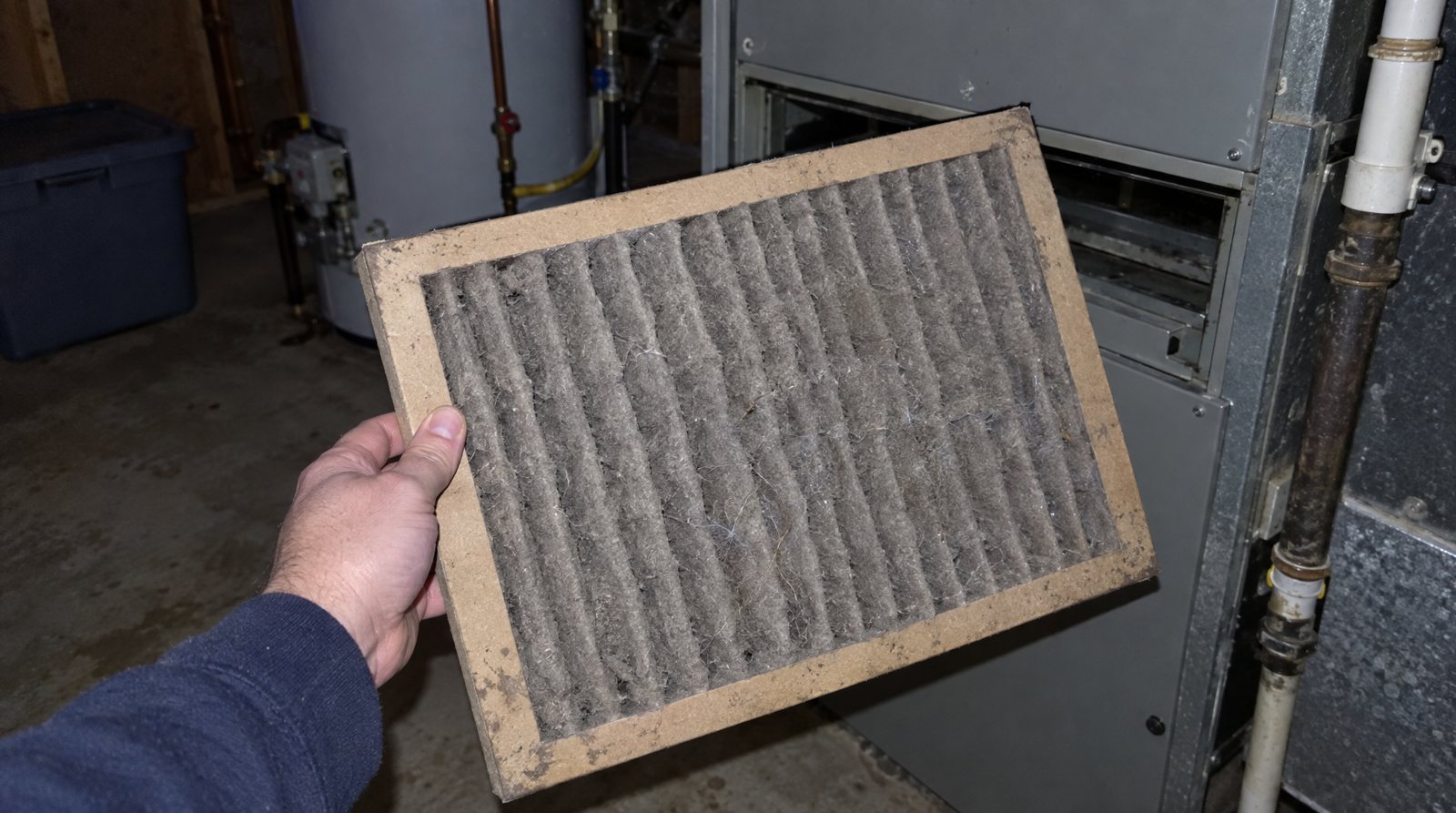 A dusty MERV 13 furnace filter pulled halfway out of its slot, grey grime in the pleats.