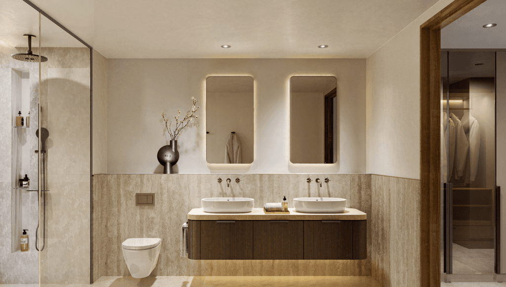 A modern Crestlane bathroom featuring a sleek walk-in shower and contemporary design elements.