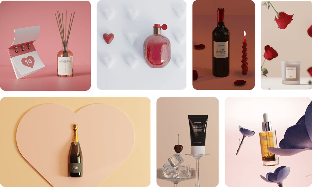 Collage of Valentine's themed product shots on pink, white, red, with hearts