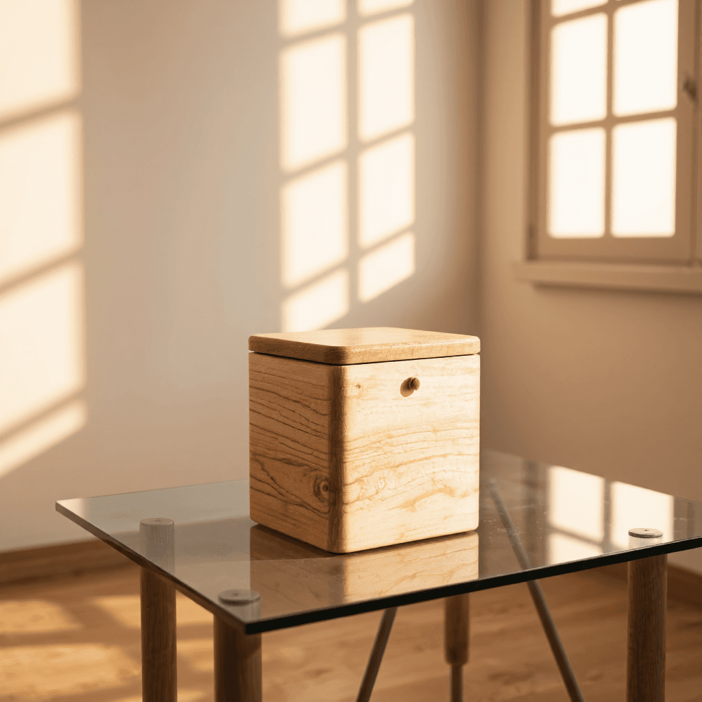 product photography of a small wooden box with a removable lid, used for storage or decoration