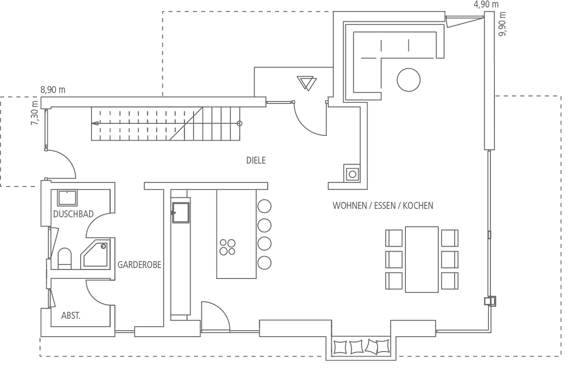 Grundriss eines Hauses mit Diele, Gäste-WC, Garderobe, Abstellraum und Wohn-/Ess-/Kochbereich mit Möbeln.