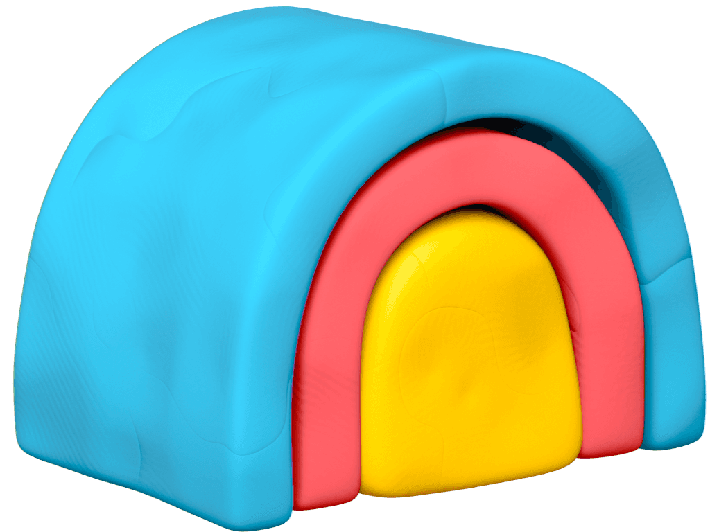 A colorful tent with a blue outer shell and pink and yellow inner archways.