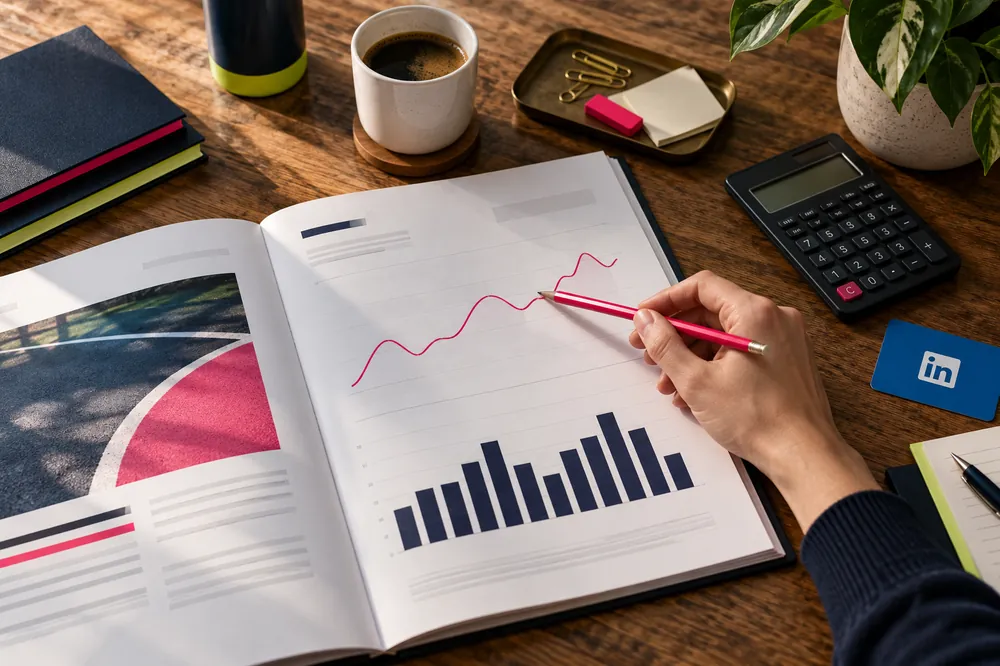 Une main analyse des courbes et graphiques imprimés sur une table de travail.