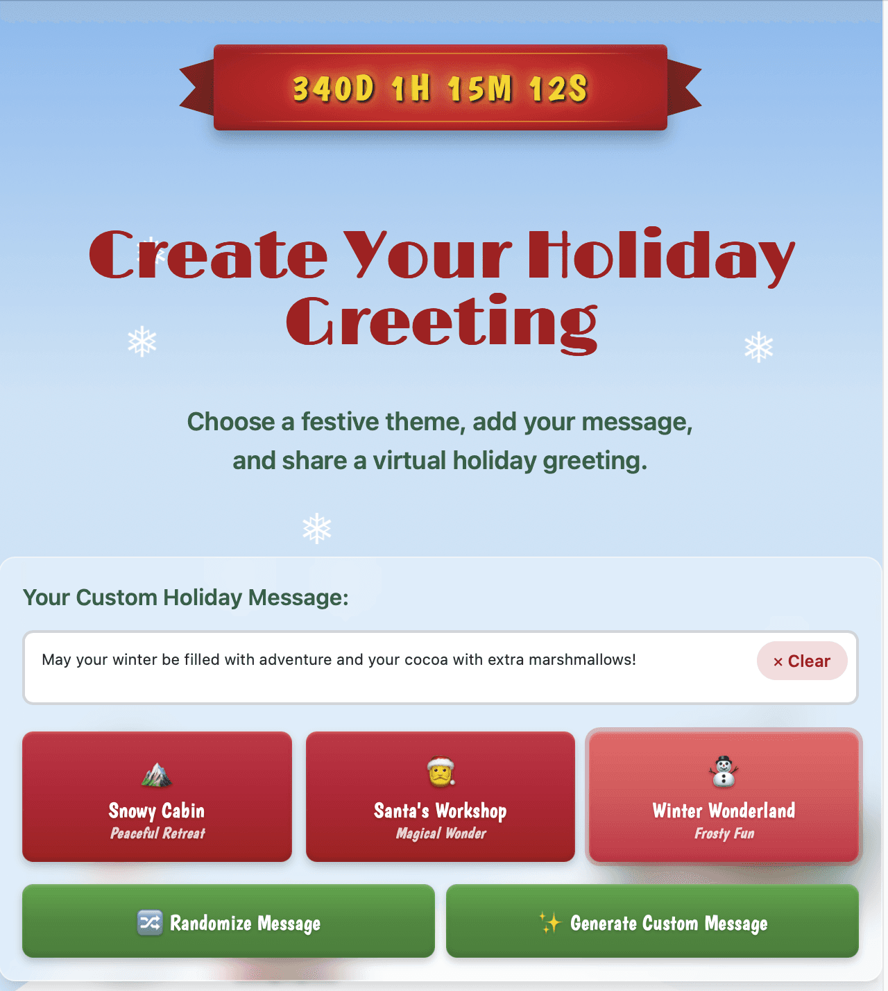 Holiday greeting card generator interface showing a “Create Your Holiday Greeting” header, a text input for a custom message or random generation, and options to select a holiday scene.