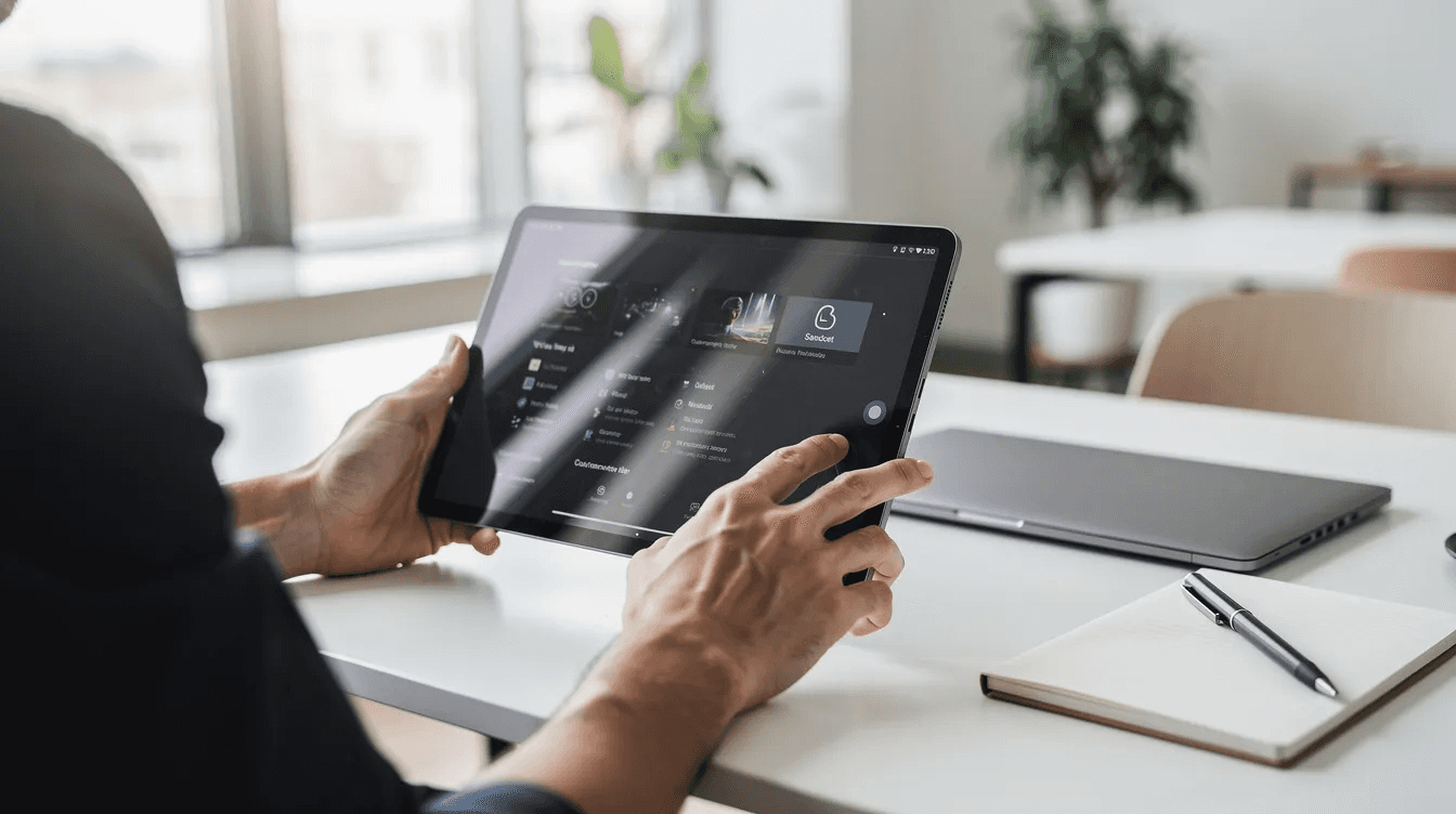 A close-up image shows a person using a tablet device with both hands in a bright, modern workspace, suggesting an environment that fosters creativity and innovation. This scene reflects the dynamic atmosphere of a design agency in Dubai, where digital solutions and mobile app development thrive.
