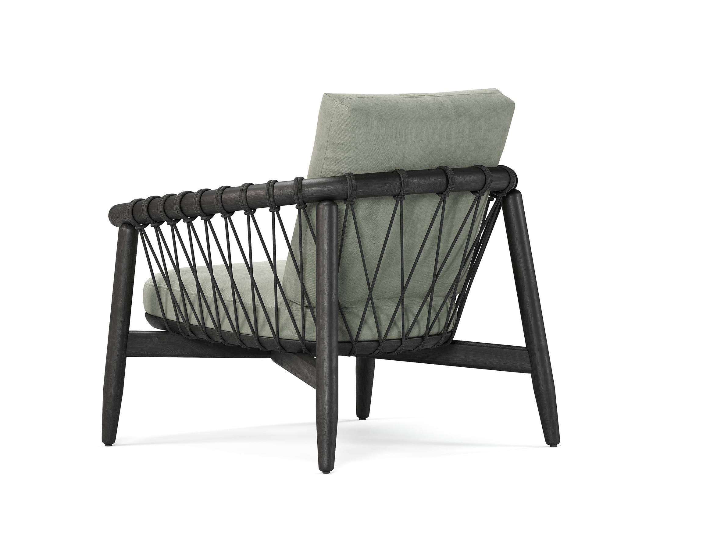 Angled side view of armchair showing woven frame structure and cushion support
