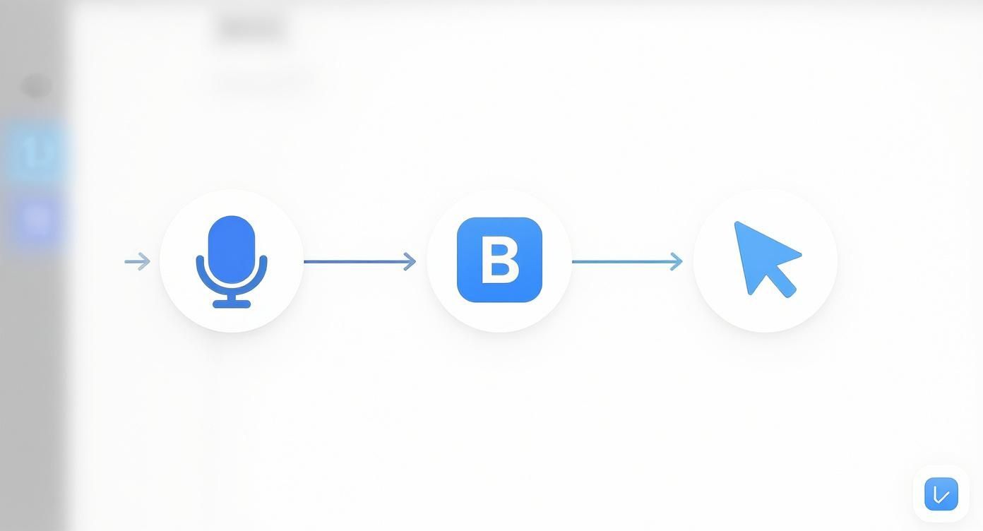 A diagram illustrating a voice command workflow with microphone input, a 'B' icon, and a mouse cursor output.