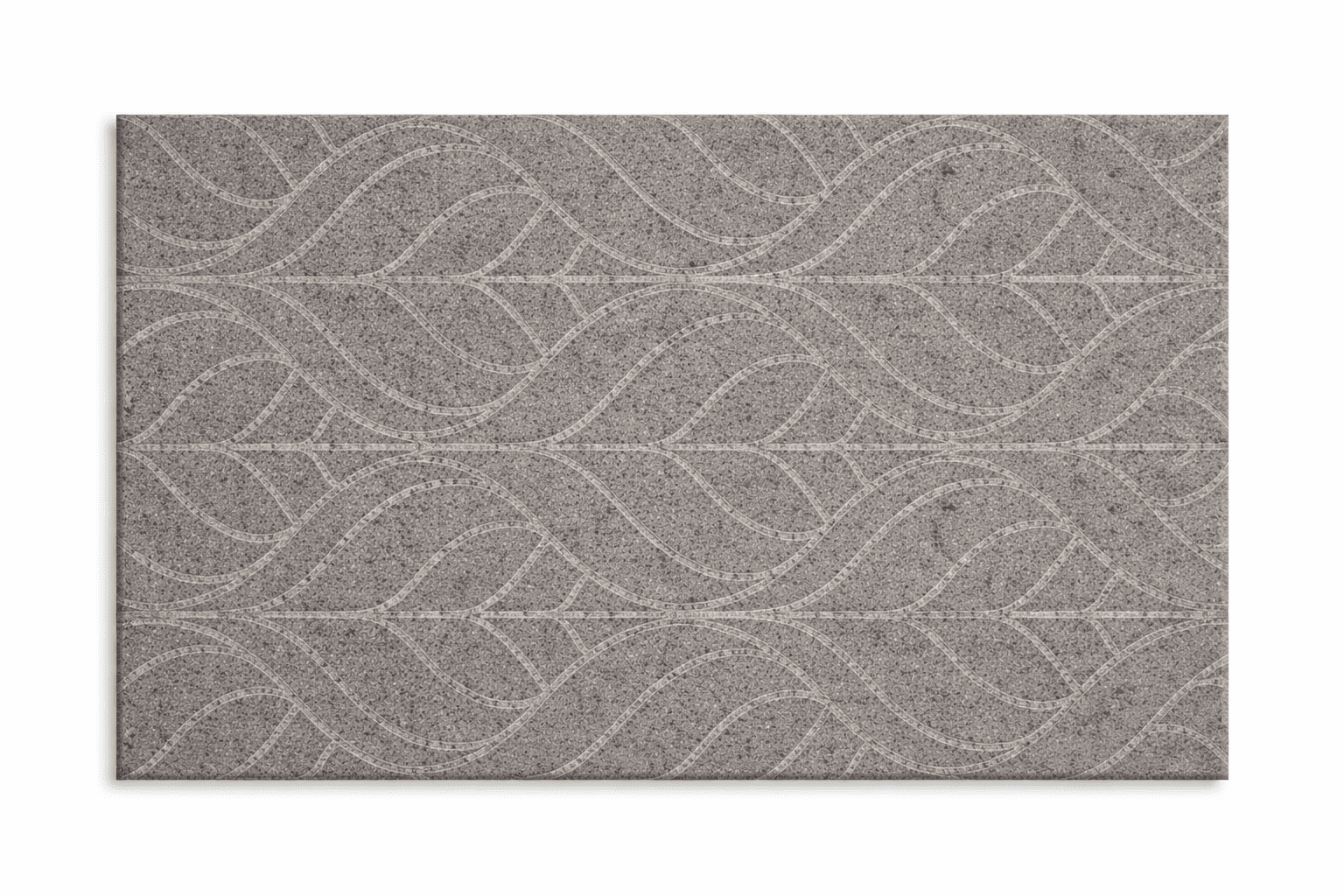 Leafy stone tile with organic leaf vein pattern in textured grey surface for wall cladding and architectural applications