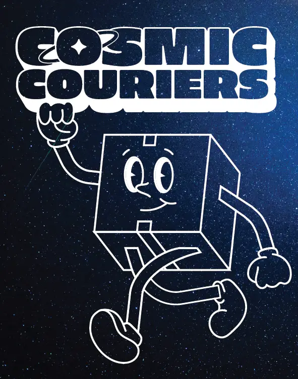 Cosmic Couriers logo and the walking box mascot in white outline on a starry blue background