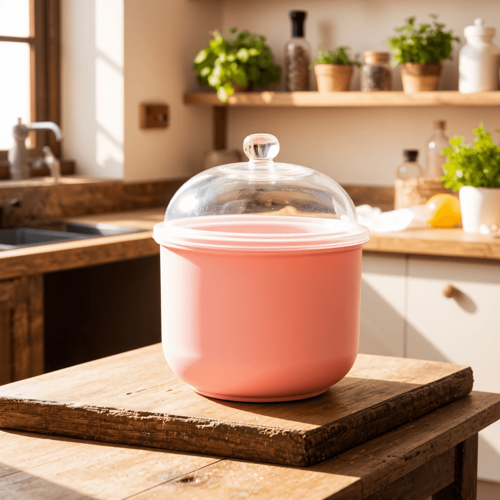 product photography of a pink food storage container with a transparent lid