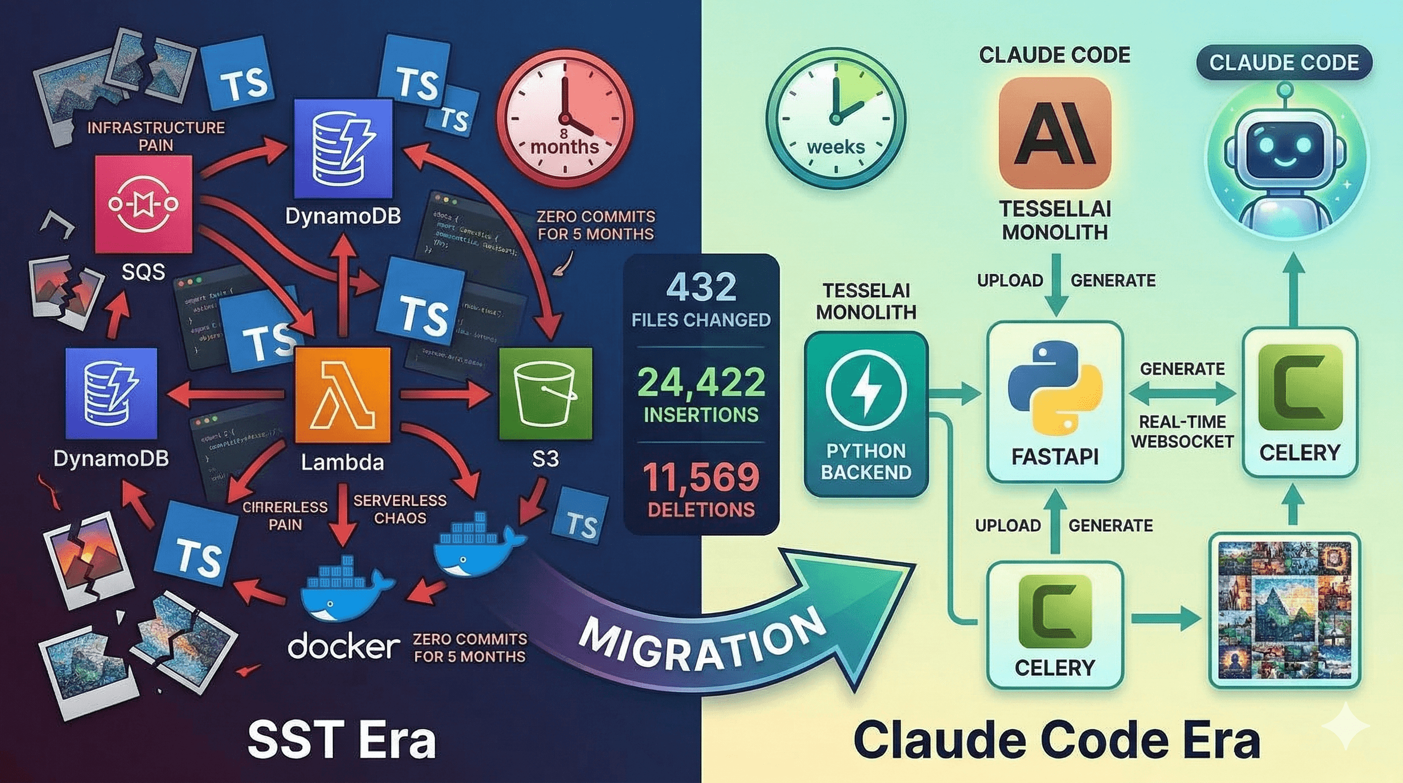 An infographic-style blog cover image titled "SST Era vs. Claude Code Era," illustrating a software migration.  The left side, labeled **"SST Era,"** has a dark blue background showing a chaotic, tangled web of icons including AWS Lambda, Docker, SQS, and TypeScript (TS) logos, accompanied by red warning arrows and text like "Infrastructure Pain" and "Zero commits for 5 months."  A large central arrow labeled **"MIGRATION"** points to the right side, labeled **"Claude Code Era."** This side has a clean, light teal background featuring organized icons for FastAPI, Python, Celery, and a friendly AI robot mascot. Stats in the center highlight the scale of the change: "432 Files Changed, 24,422 Insertions, 11,569 Deletions." The overall composition depicts a transition from serverless complexity to a streamlined, AI-assisted monolith architecture.