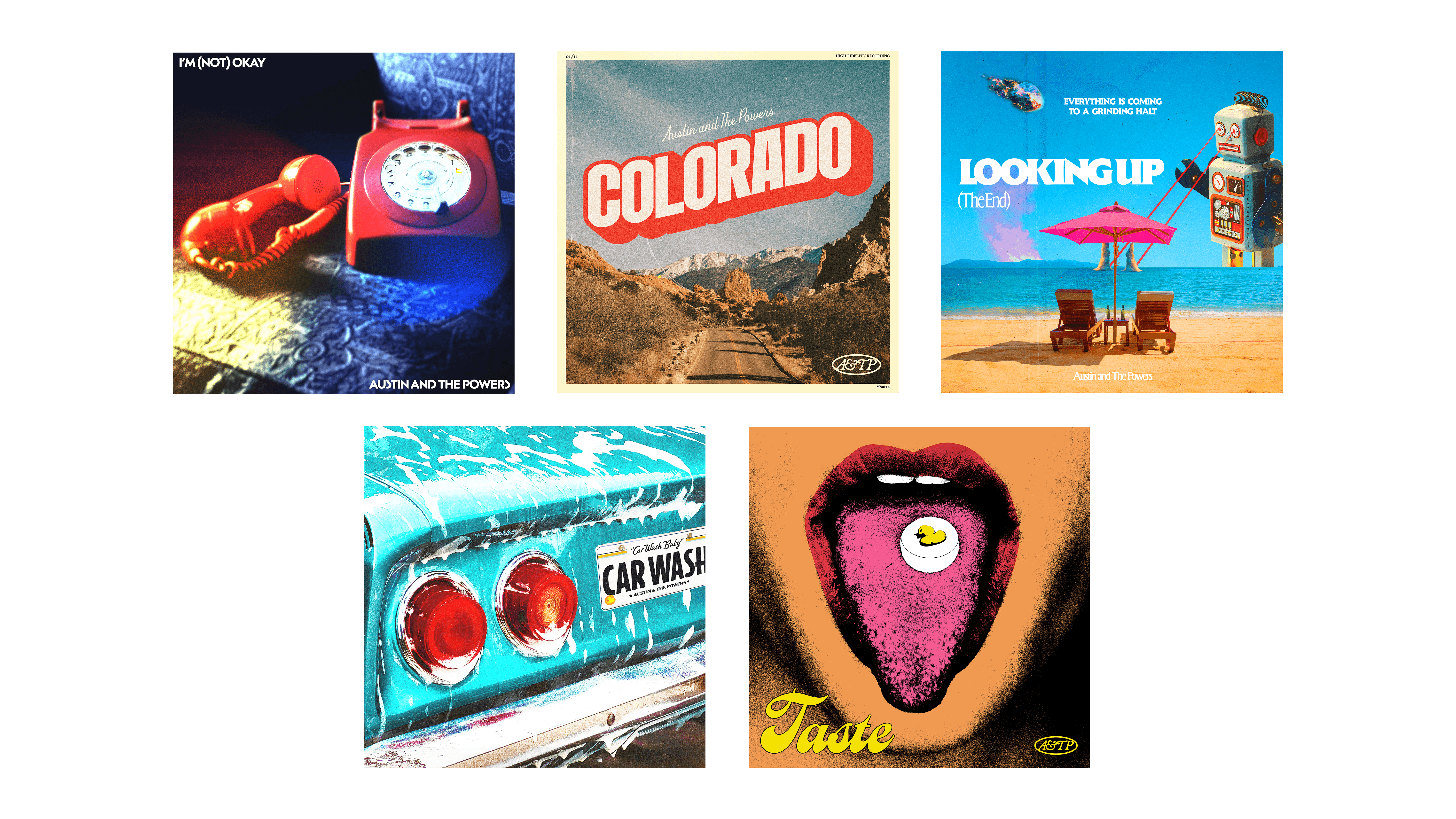 6 single art covers for austin and the powers. Each used for their music, beachy and indie inspired with texture and funky typography
