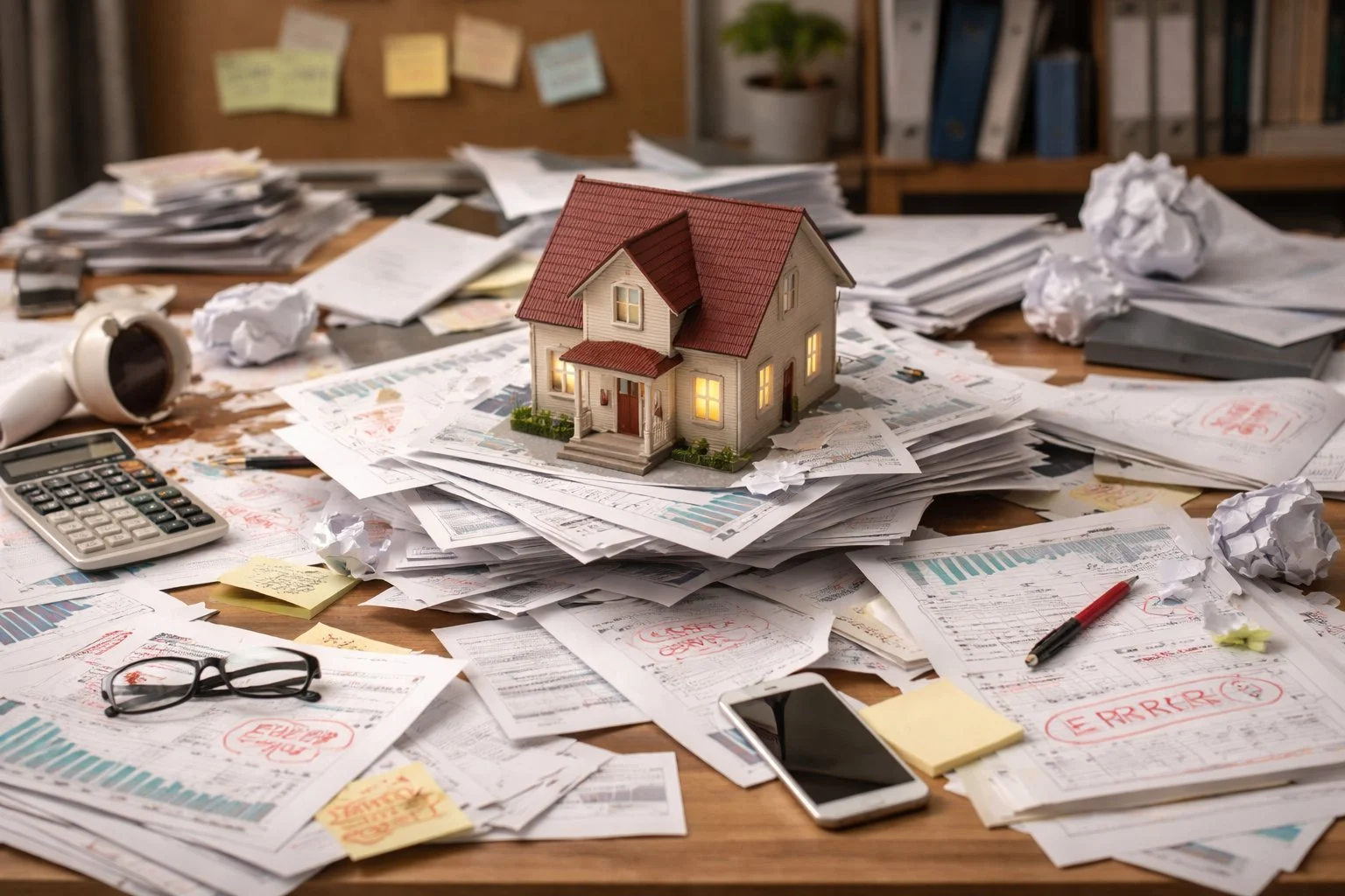 Desk with scattered paperwork around a small house model, illustrating mistakes, disorganization, and lack of coordination.