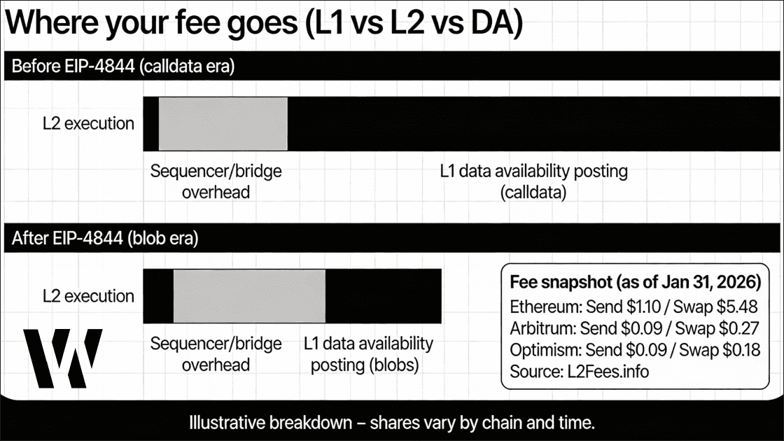 Diagram of L1 vs L2 vs data availability costs before and after EIP‑4844 (Dencun), with Jan 31, 2026 fee snapshot for Ethereum, Arbitrum, and Optimism.