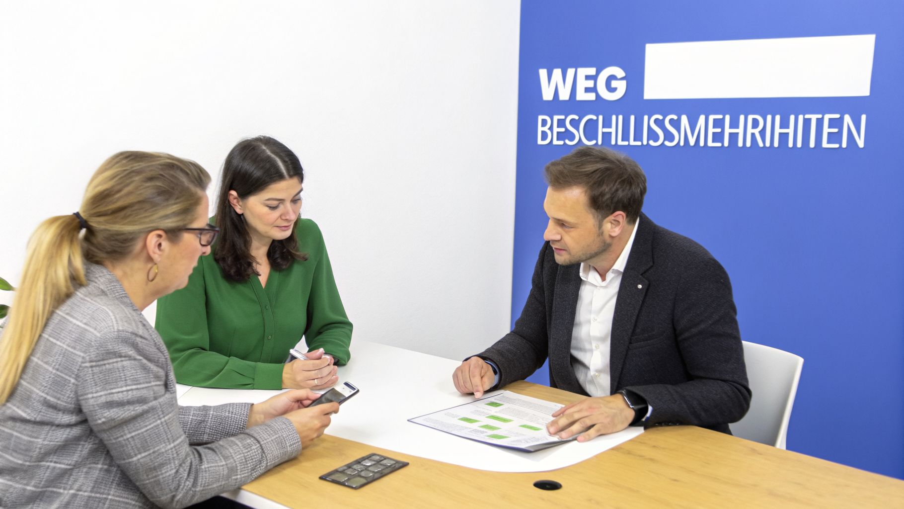 Drei Personen beraten sich am Tisch mit Dokumenten, im Hintergrund ein blaues Banner mit 'WEG BESCHLUSSMEHRHEITEN'.