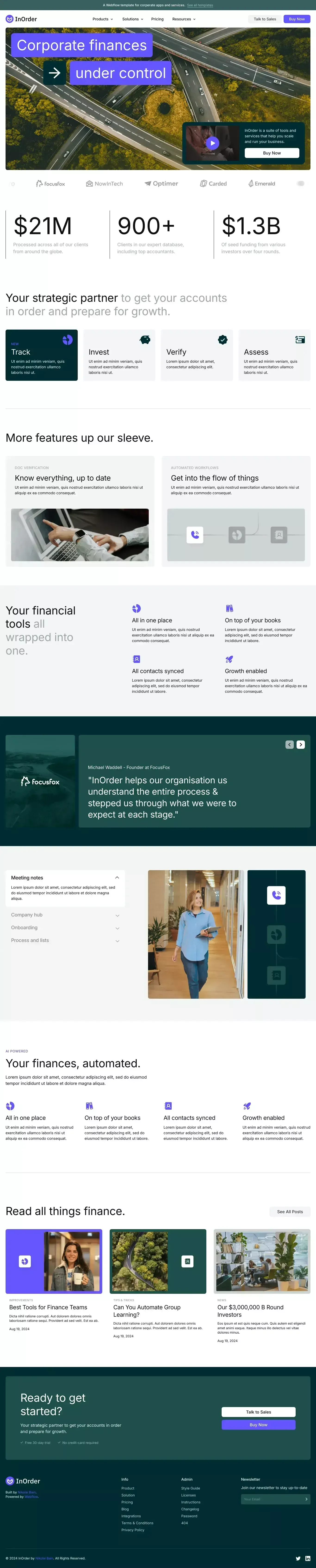 InOrder - Webflow HTML website template landing page screenshot showcasing Tech and Finance design
