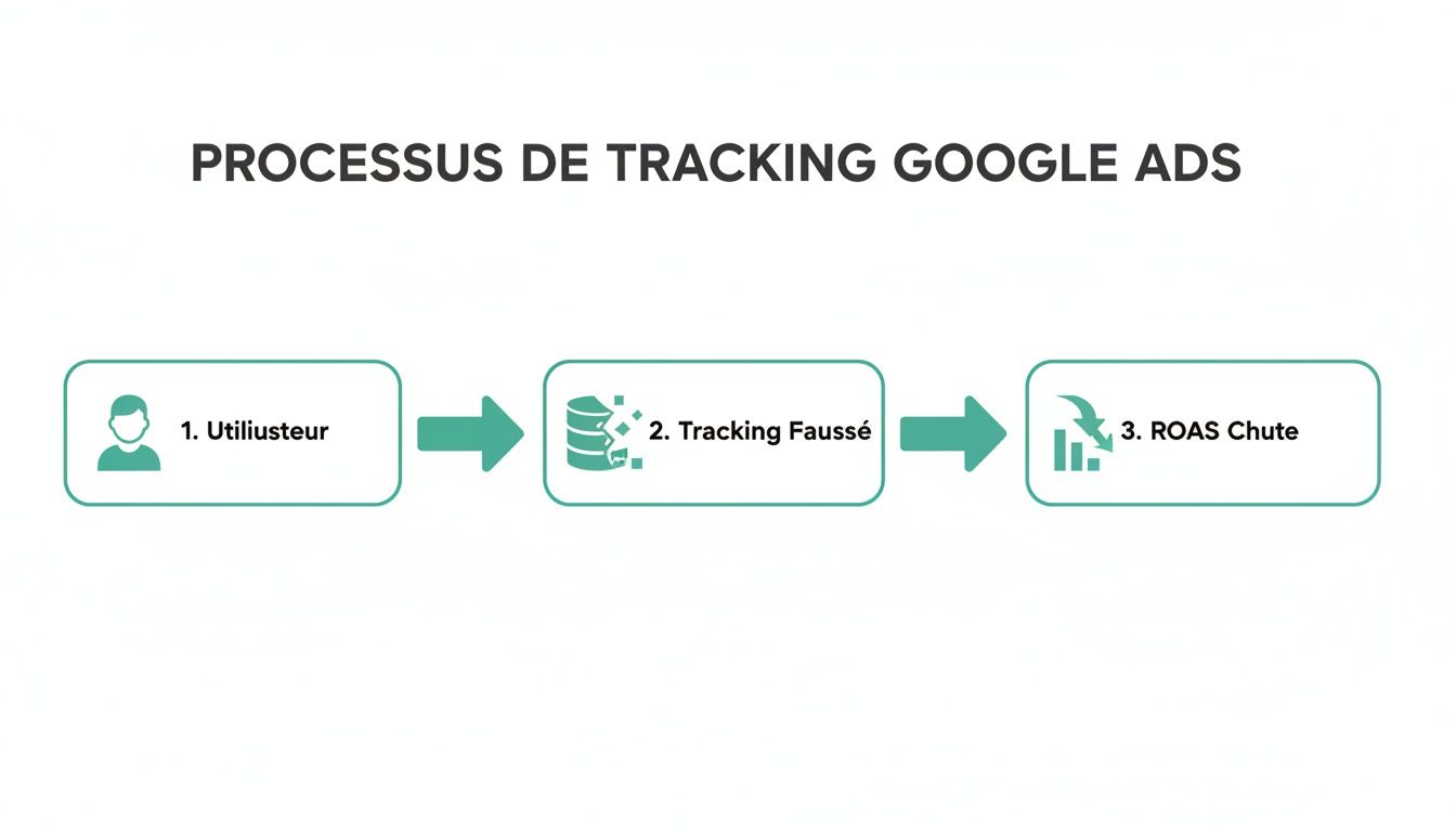 Diagramme du processus de tracking Google Ads illustrant qu'un suivi faussé mène à une chute du ROAS.