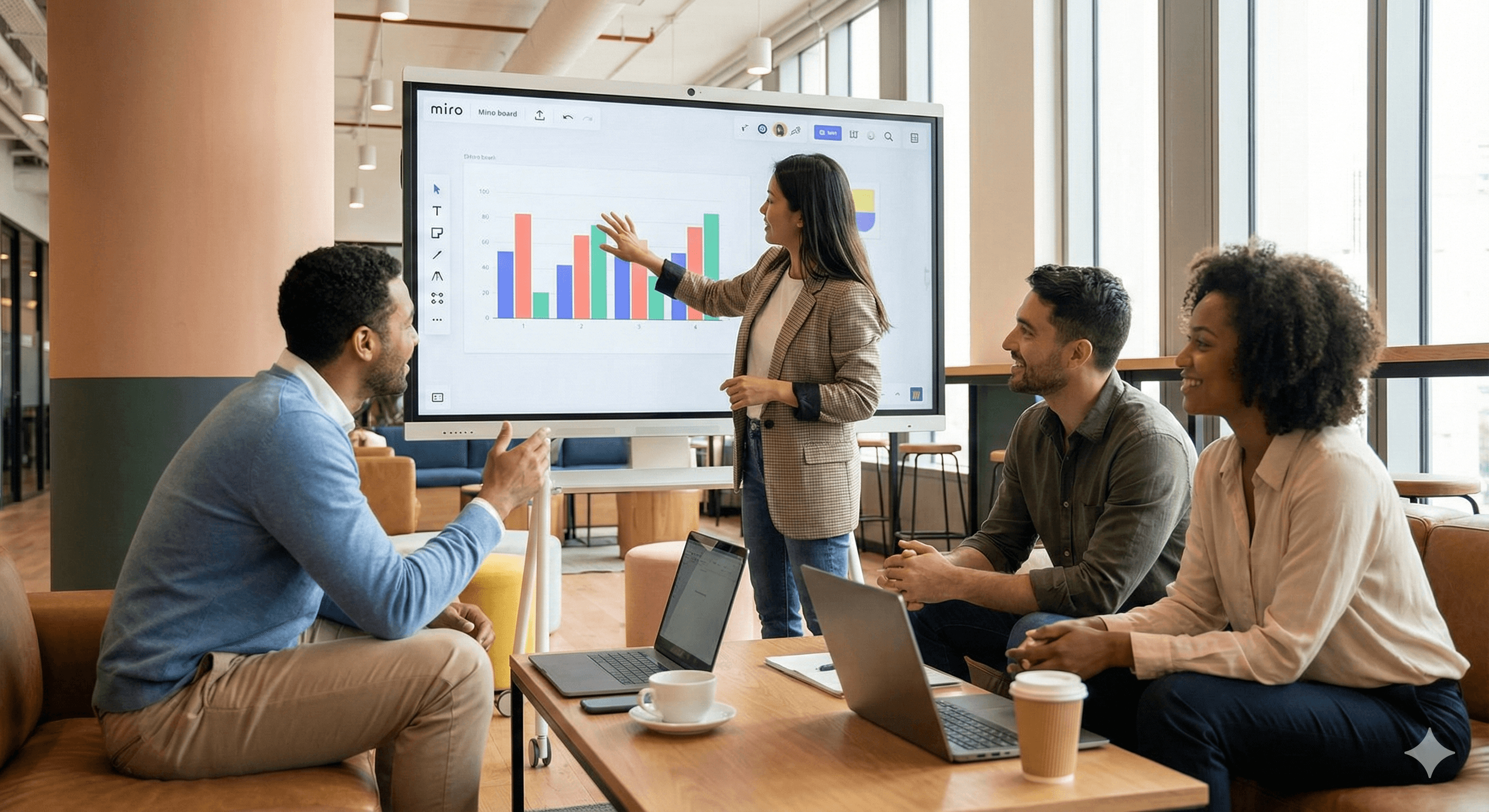 A group of four colleagues is engaged in a meeting in a modern office, with a woman presenting colorful Miro bar charts on a large screen, as three others seated with laptops and a coffee cup listen attentively.