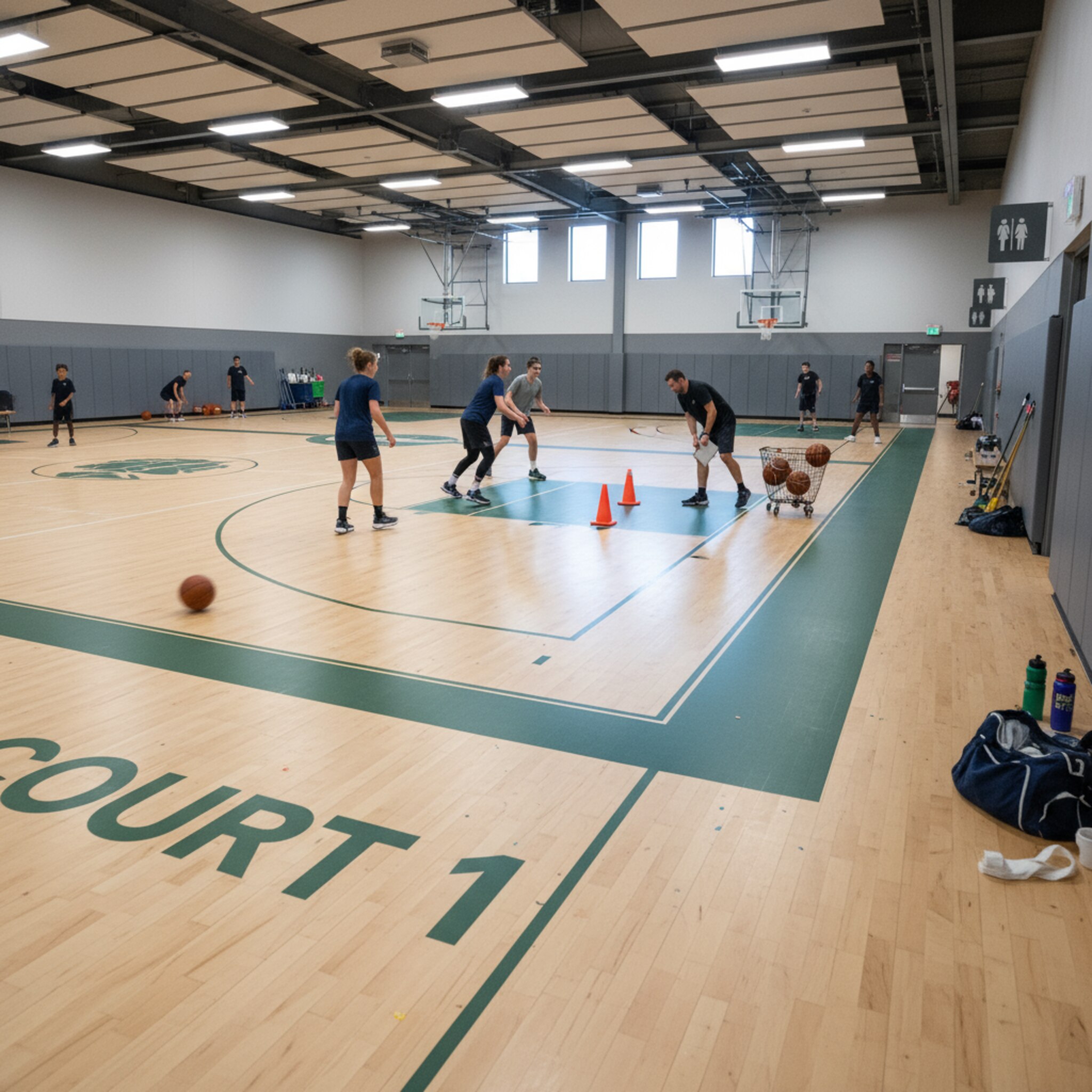 Weitwinkel einer modernen Mehrfeldsporthalle mit nummerierten Spielfeldern und sichtbaren Kabinenzugängen, verschiedene Teams trainieren parallel, realistische Fotografie
