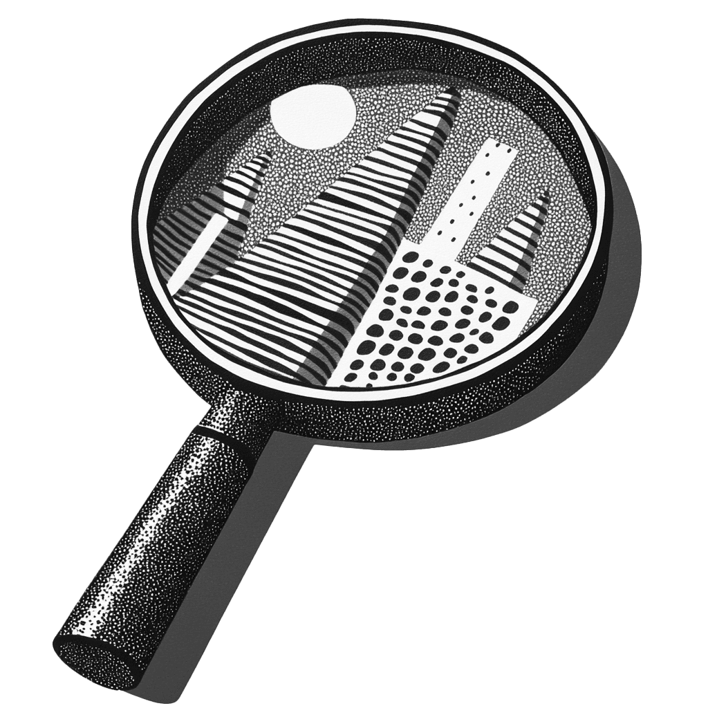 Illustration d'une loupe noire détaillant des bâtiments abstraits. Concept de recherche, d'analyse et d'exploration.