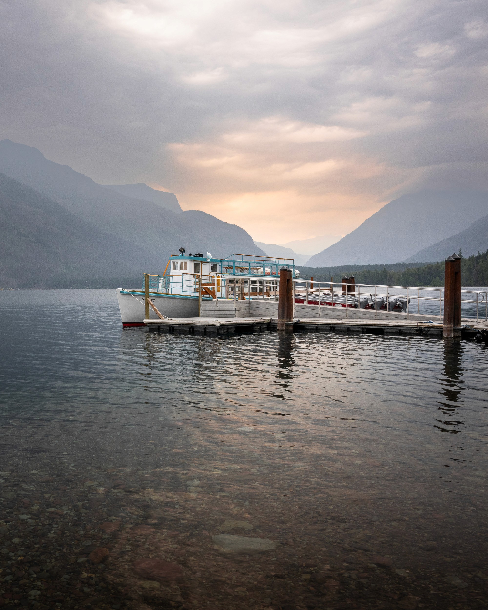 Dreary boat docked in Glacier National Park, Montana