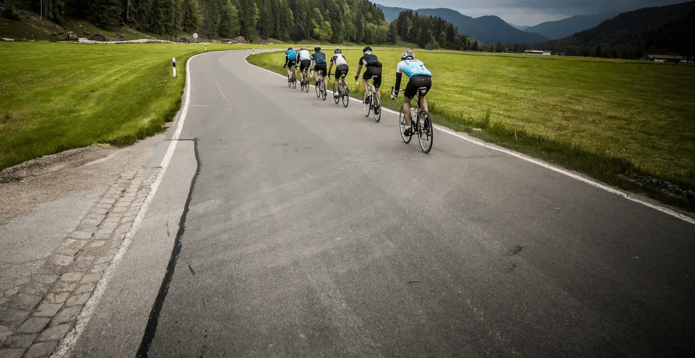 Cyclists training on a flat road with meadow on both sides