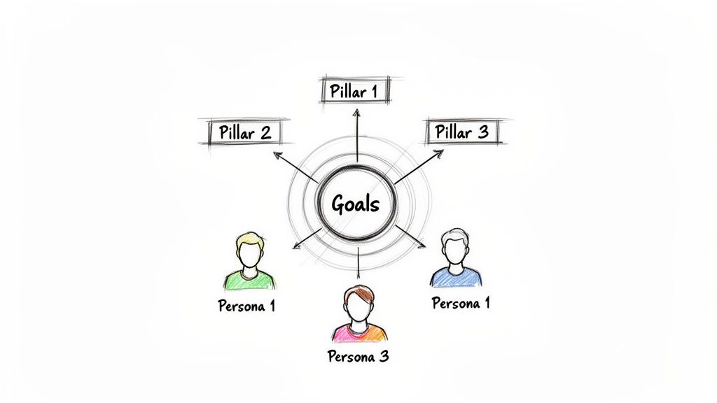 Sketch diagram illustrates 'Goals' in the center, surrounded by 'Pillars' and 'Personas', showing strategic connections.