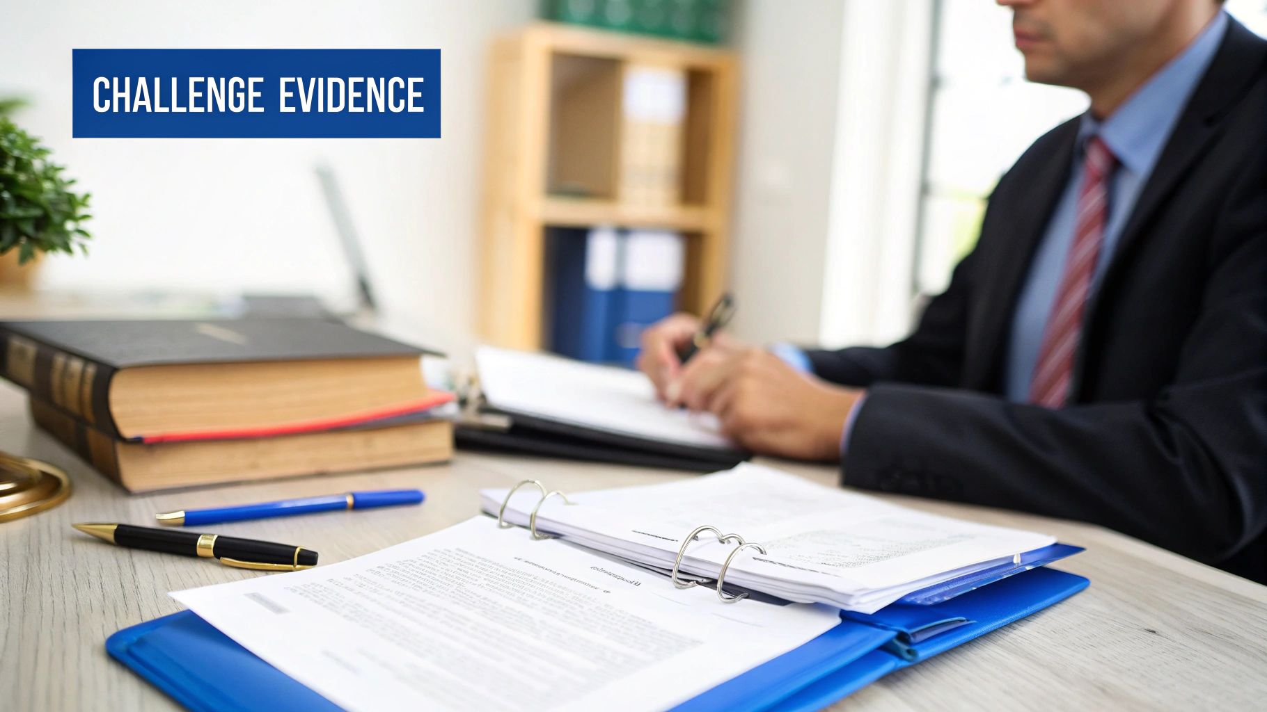 A lawyer in a suit and tie reviews legal documents and books at a desk.