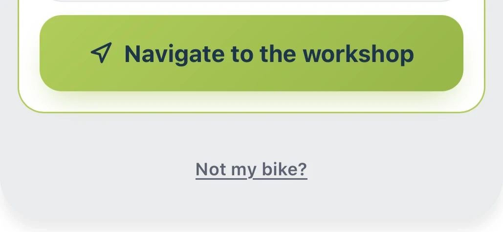 FixCykel job card with a Not my bike? link under the Navigate to the workshop button
