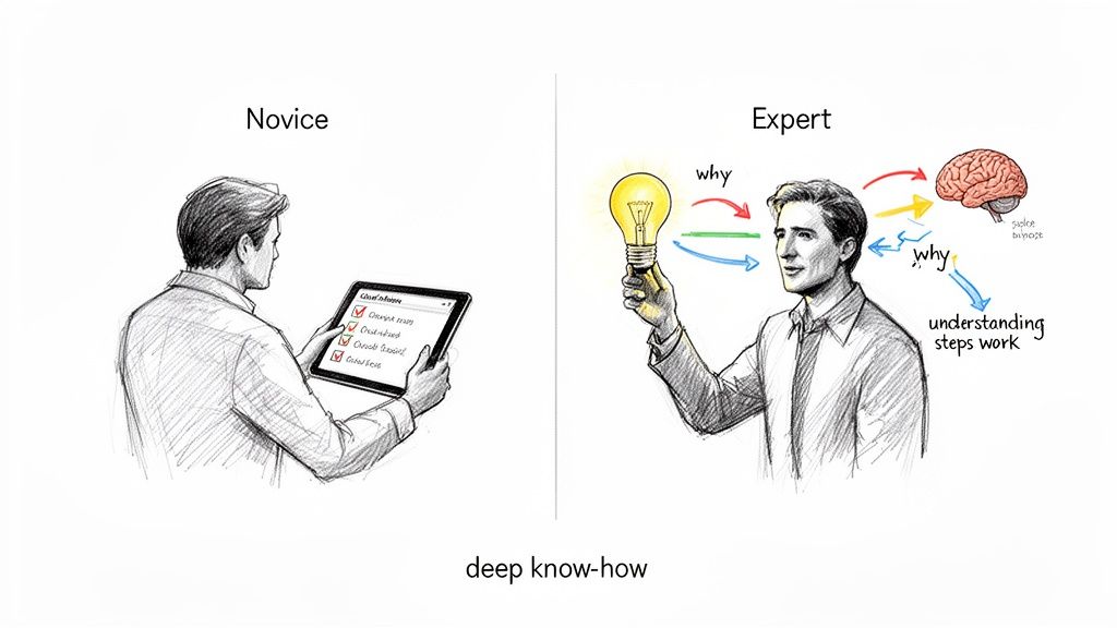 A novice follows a checklist on a tablet, while an expert understands the 'why' behind the steps.
