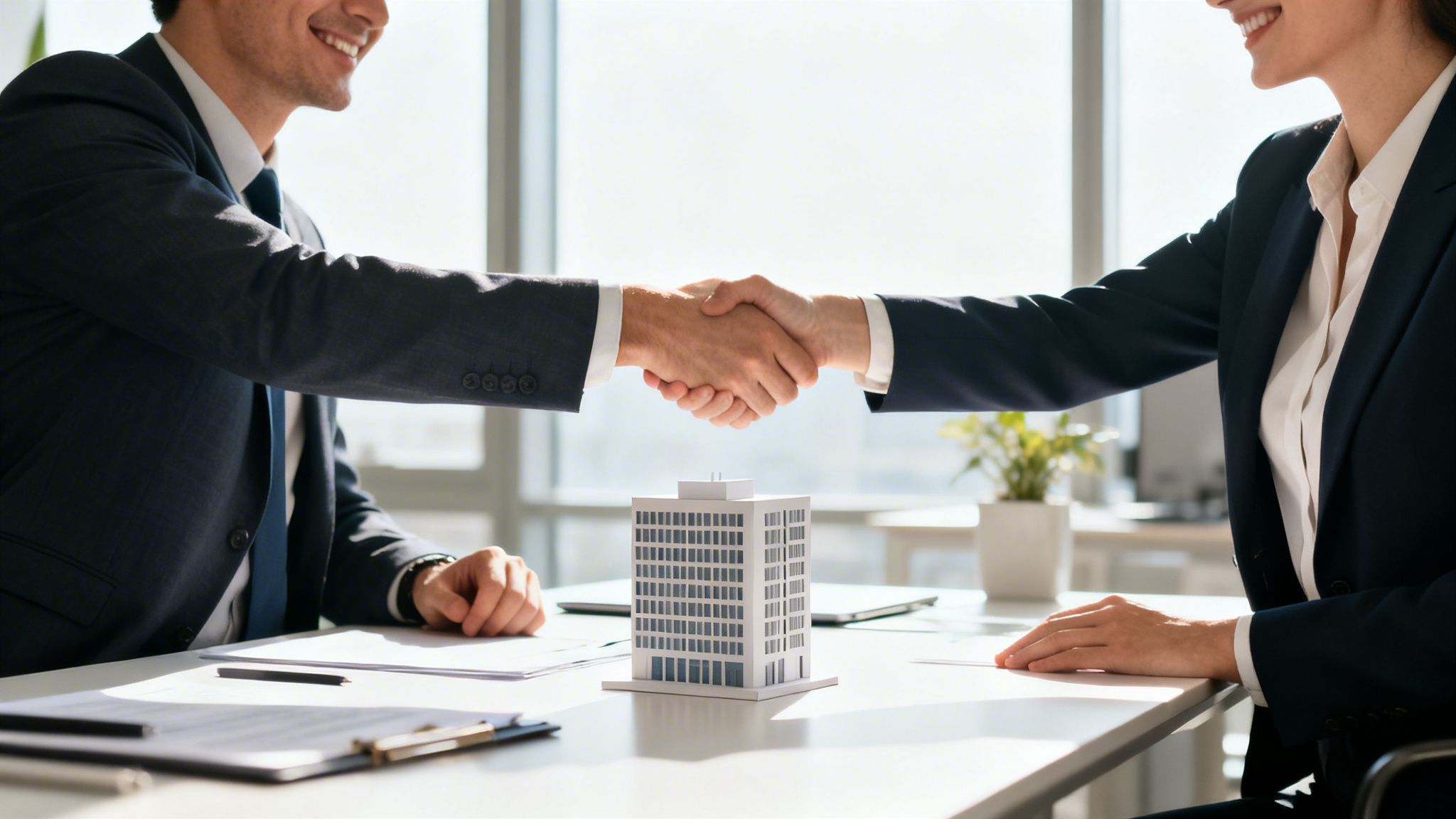 Två affärspersoner skakar hand vid ett bord med en byggnadsmodell, symboliserande ett fastighetsavtal eller partnerskap.