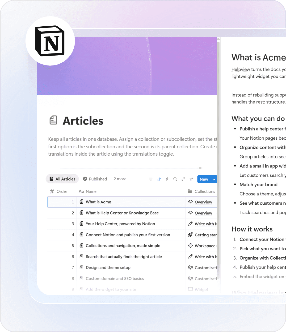 Notion articles database used to write and manage help center content before publishing with Helpview.