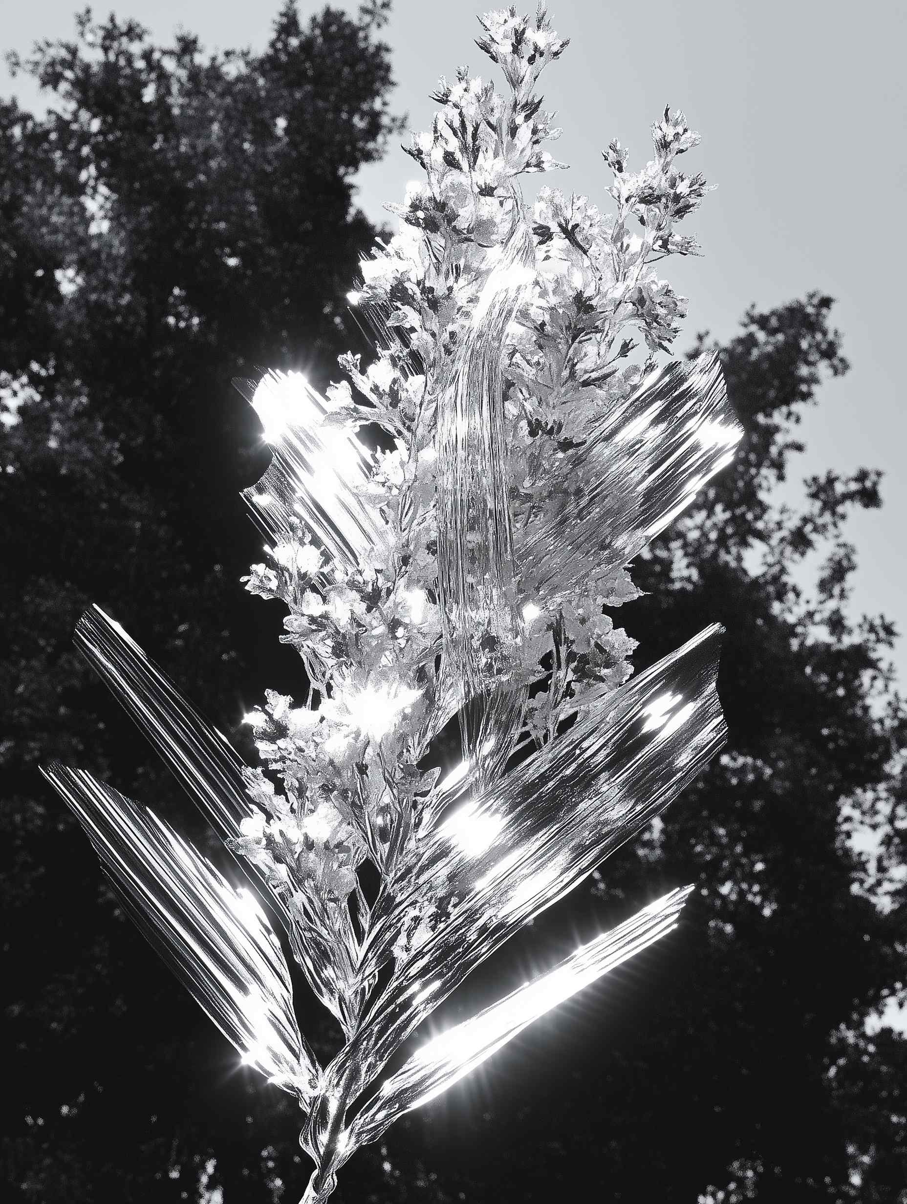 Glittering metallic branch against bright sky