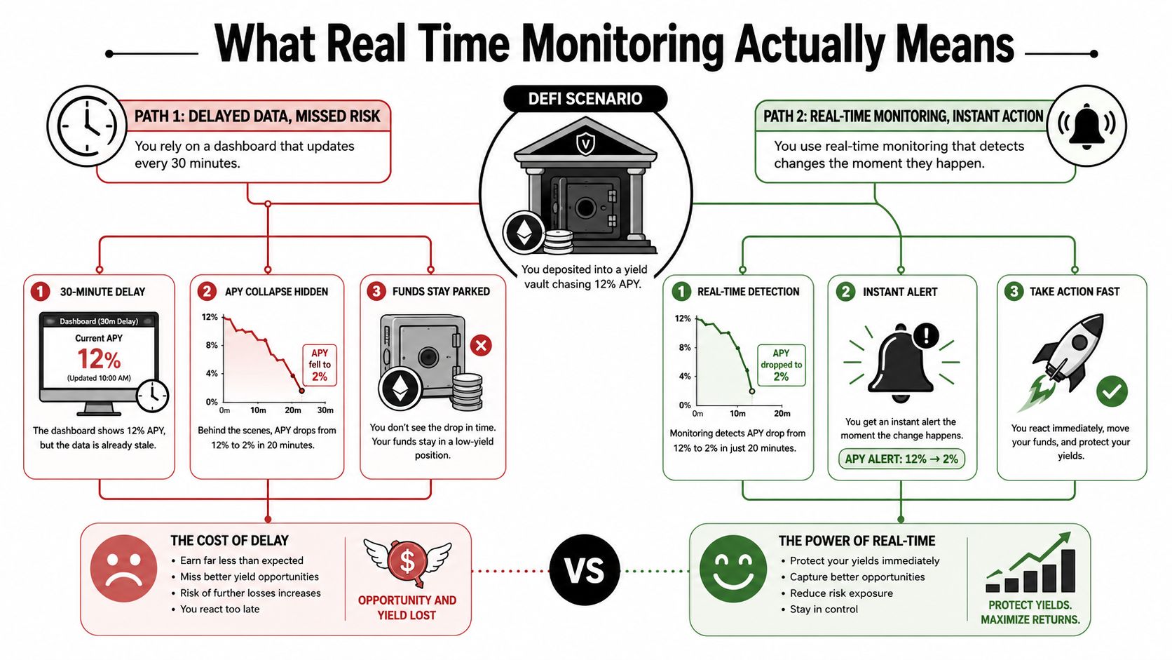 An infographic comparing the risks of delayed data monitoring against the benefits of real-time monitoring in DeFi.
