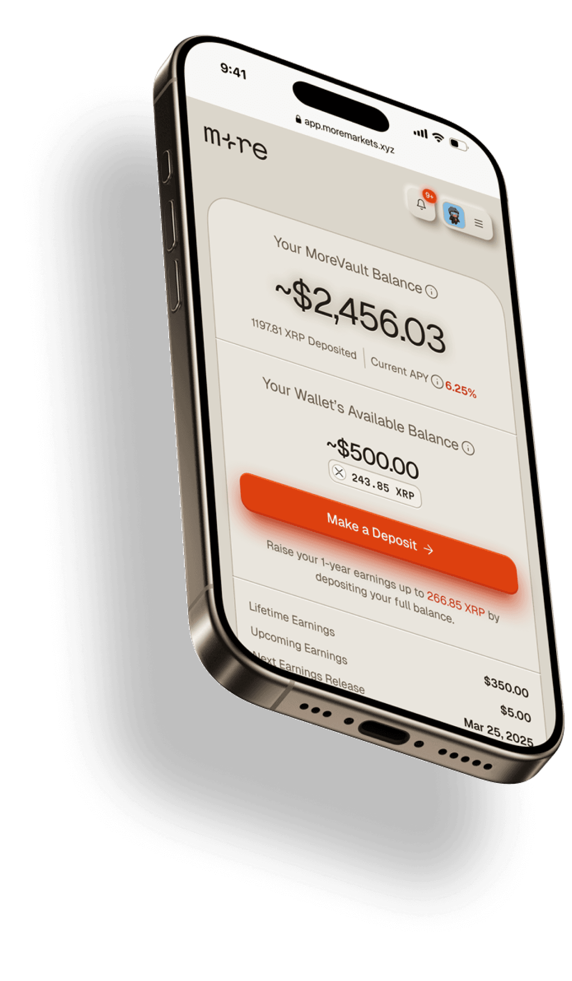 a tilted iphone device with the interface of the moremarkets app in the screen