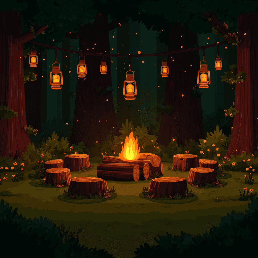 Image of wooden stumps around small fire