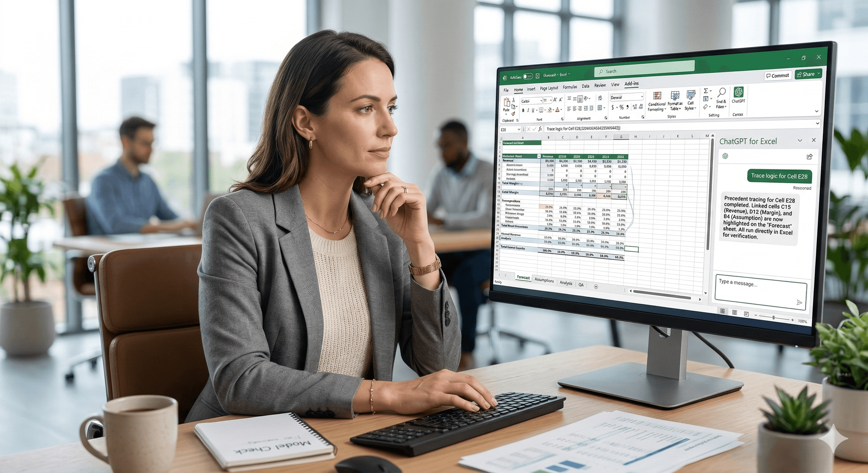 A professional woman works at a desk in an office, focused on a computer monitor displaying an Excel spreadsheet with the "ChatGPT for Excel" feature active, showcasing faster financial analysis using AI tools.
