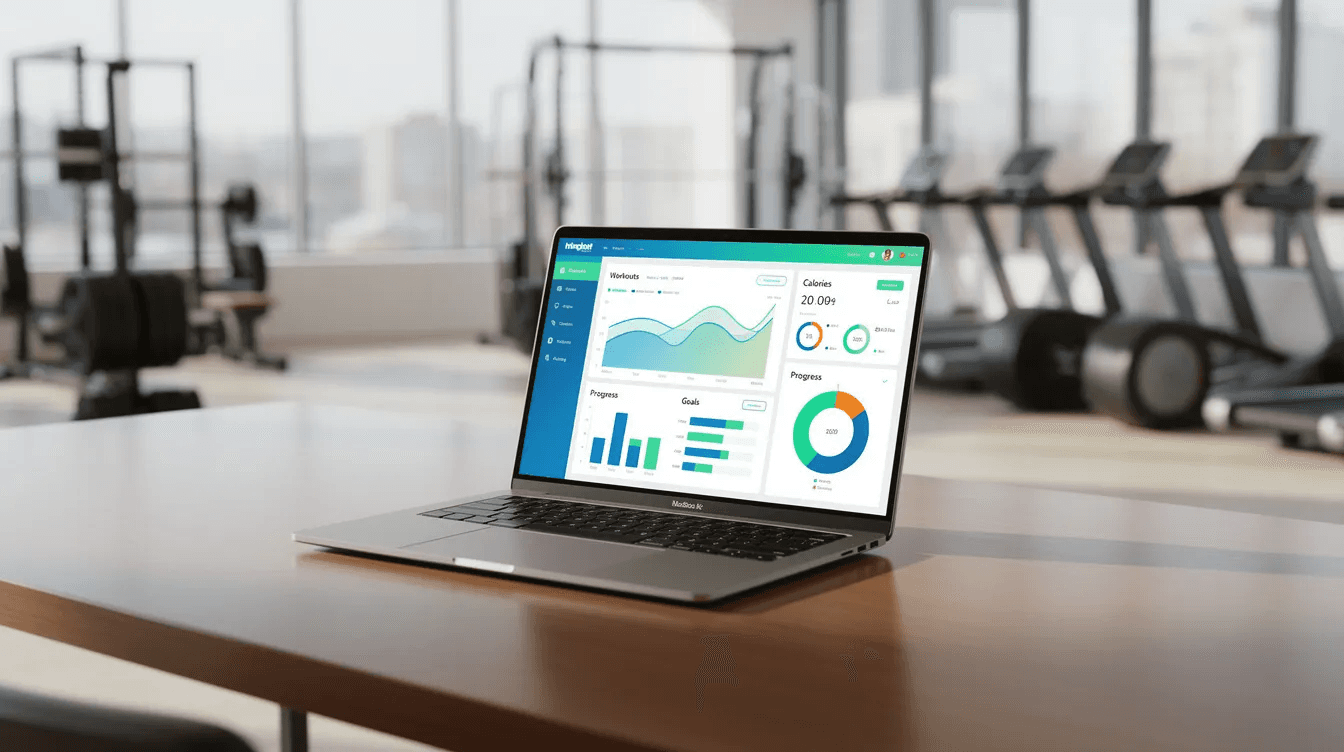An open laptop sits on a desk in a bright gym environment, displaying a colorful dashboard interface that likely belongs to gymnastics management software. This software is designed for gymnastics club owners to efficiently manage classes, track skills, and streamline administrative tasks.